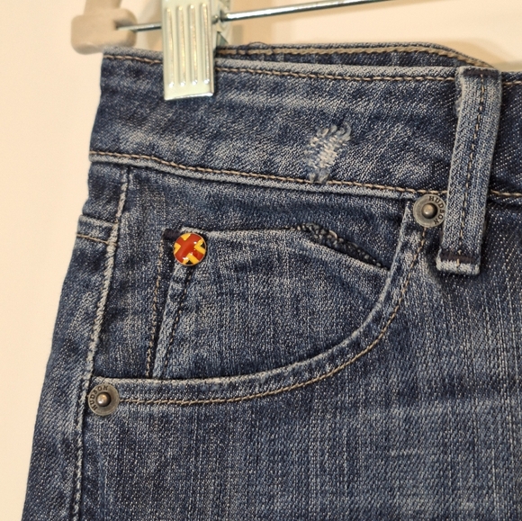 Hudson Denim Mini Skirt Rear Button Flap Pockets Lightly Distressed Size 30 - Picture 4 of 15